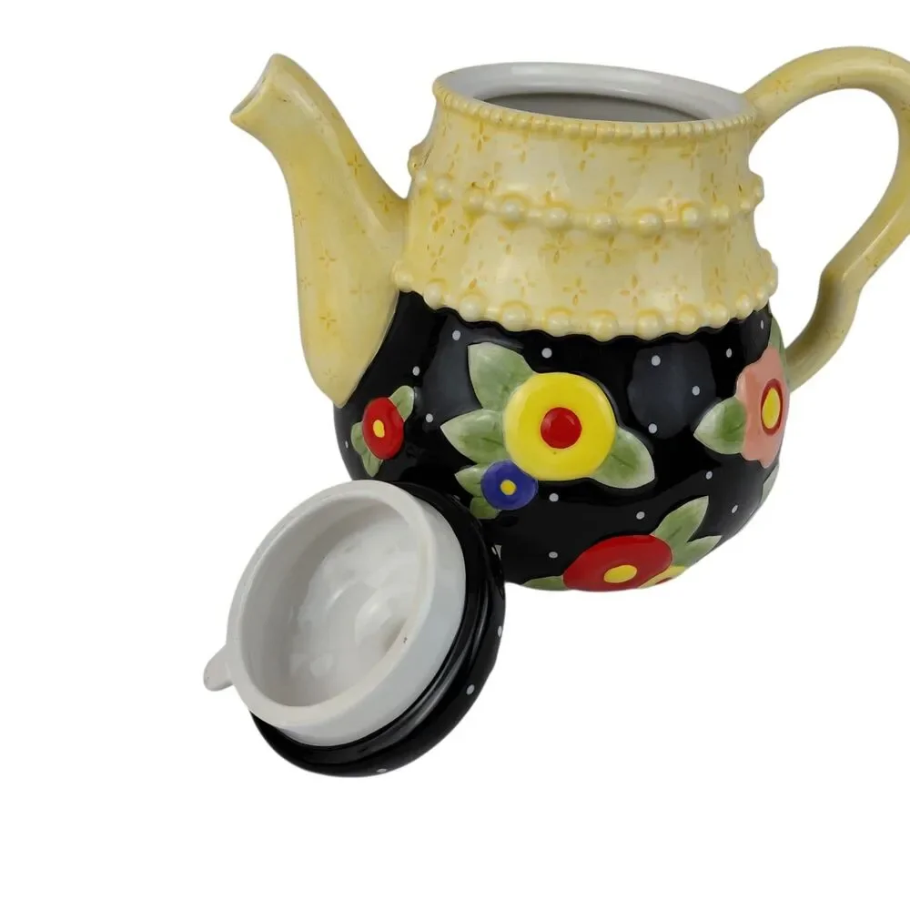 Mary Engelbreit Yellow Black Teapot Red Blue Flowers  Vintage EUC